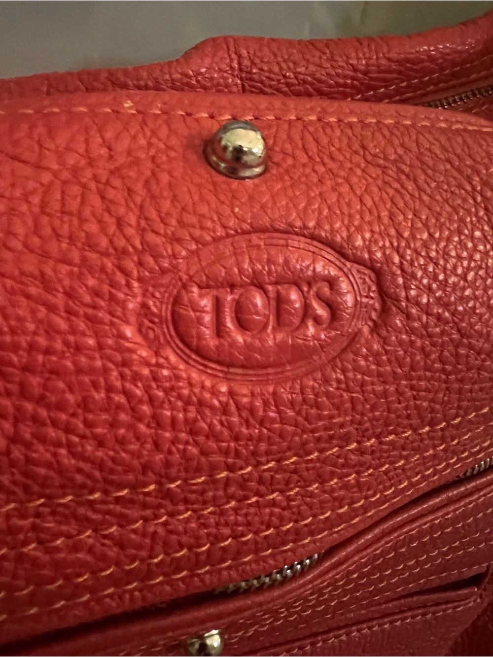 Tod's Orange red Pebbled Leather Shoulder Bag with Embossed Logo